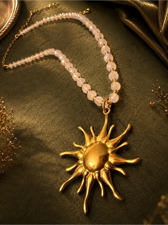 Jewelry - Gold Sun Pendant Necklace with Pale Pink Beads